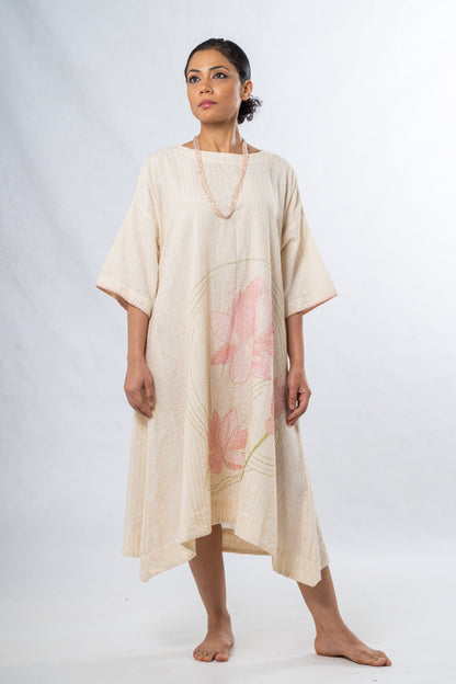 Ecru Hand Spun Khadi Lotus Embroidery Dress