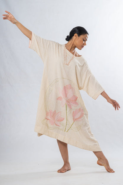 Ecru Hand Spun Khadi Lotus Embroidery Dress