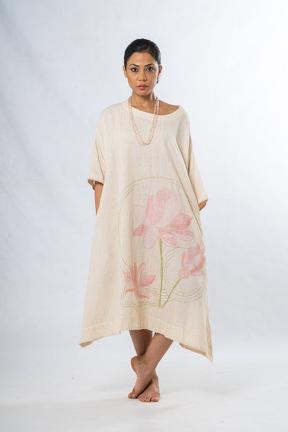 Ecru Hand Spun Khadi Lotus Embroidery Dress