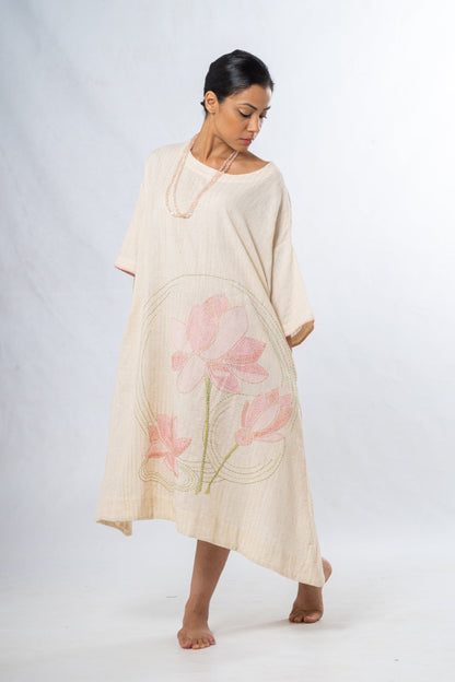 Ecru Hand Spun Khadi Lotus Embroidery Dress