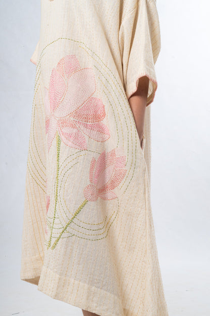 Ecru Hand Spun Khadi Lotus Embroidery Dress