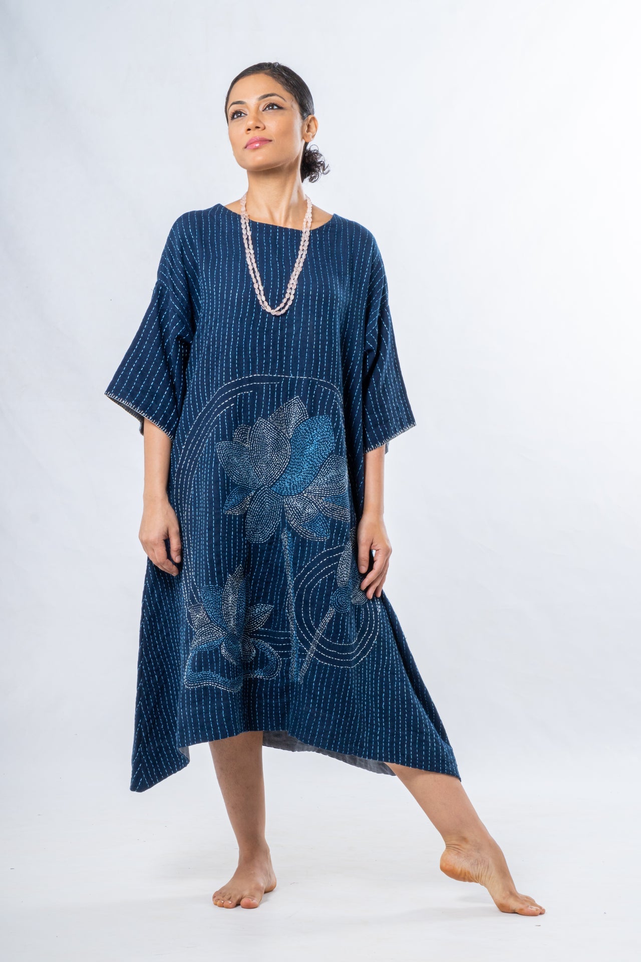 Indigo Hand Spun Khadi Lotus Embroidery Dress