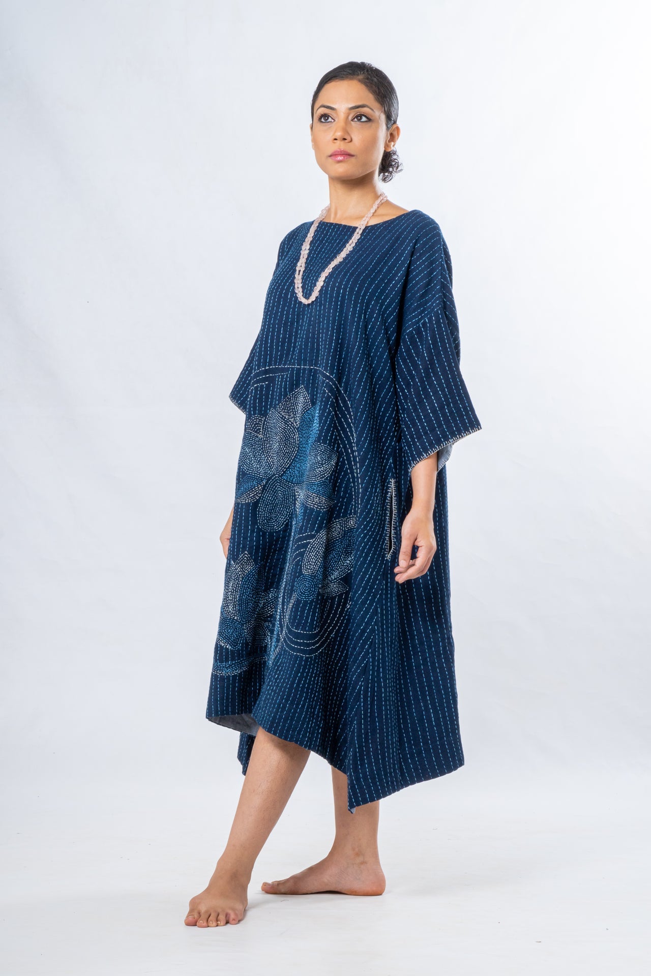 Indigo Hand Spun Khadi Lotus Embroidery Dress