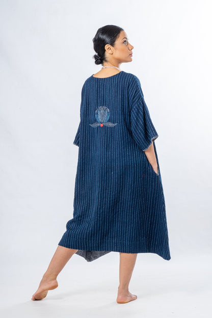 Indigo Hand Spun Khadi Lotus Embroidery Dress