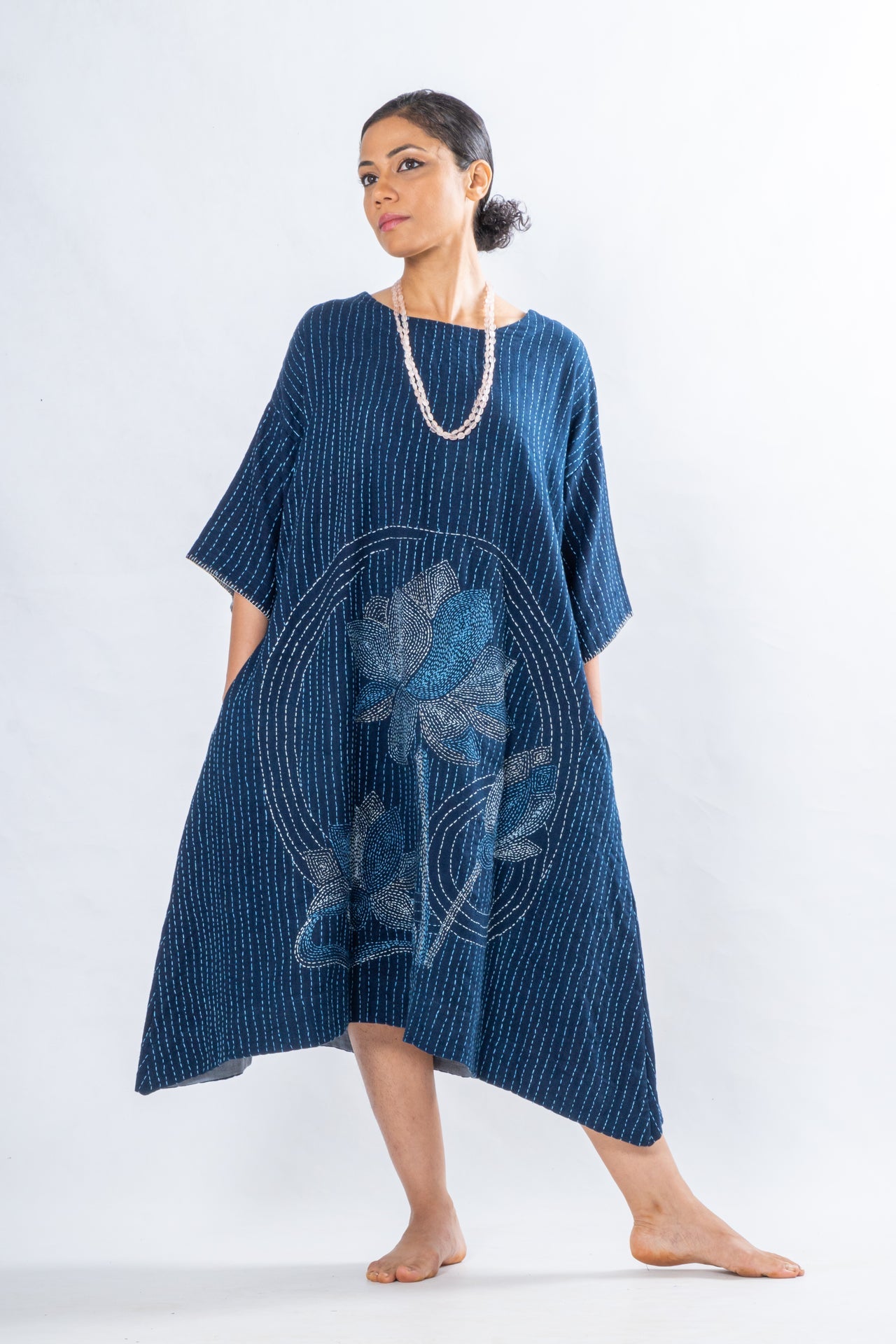Indigo Hand Spun Khadi Lotus Embroidery Dress