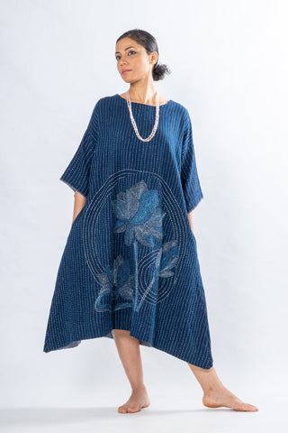 Indigo Hand Spun Khadi Lotus Embroidery Dress