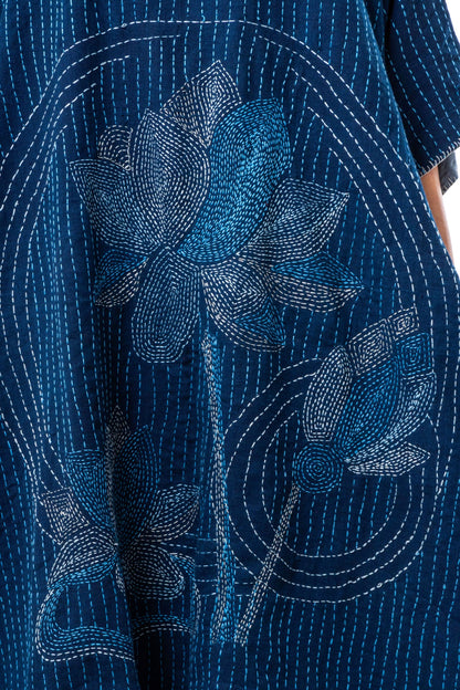Indigo Hand Spun Khadi Lotus Embroidery Dress