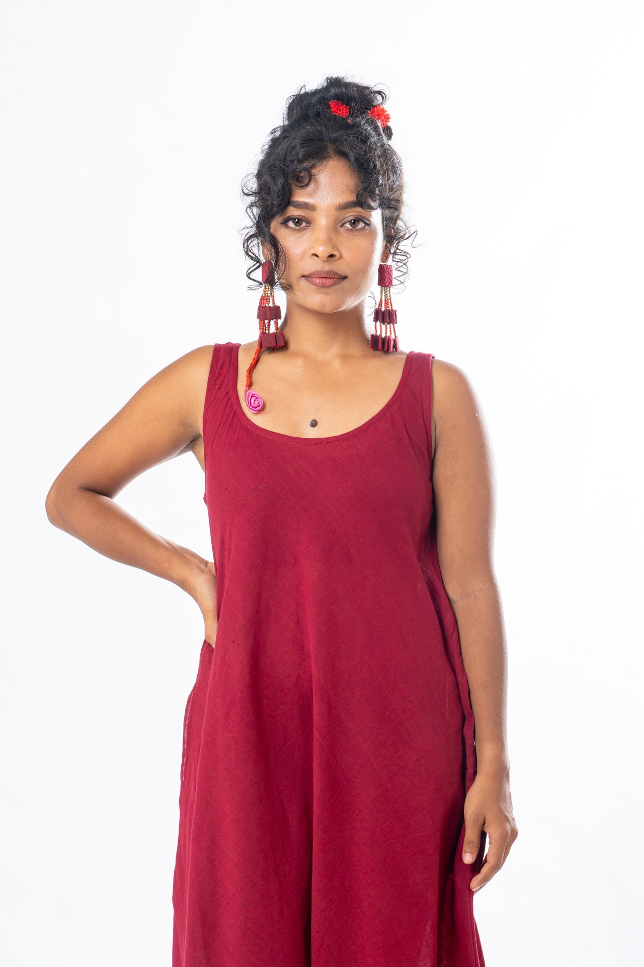 Set of 2- Maroon Natural Dyed Hand Block Printed Organic Cotton Jacket & Dress