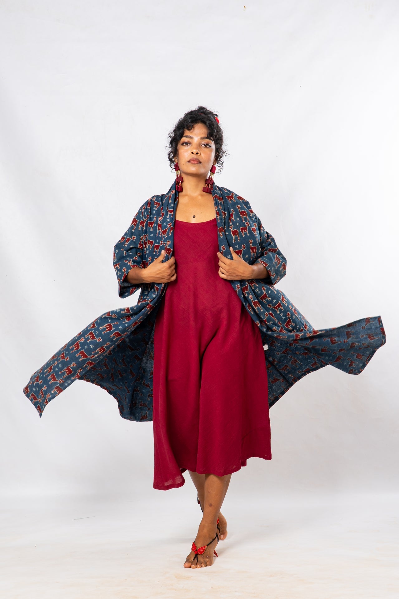 Set of 2- Maroon Natural Dyed Hand Block Printed Organic Cotton Jacket & Dress