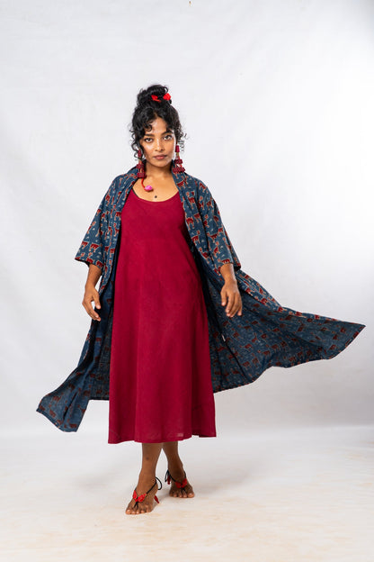 Set of 2- Maroon Natural Dyed Hand Block Printed Organic Cotton Jacket & Dress