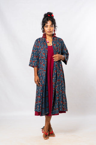 Set of 2- Maroon Natural Dyed Hand Block Printed Organic Cotton Jacket & Dress