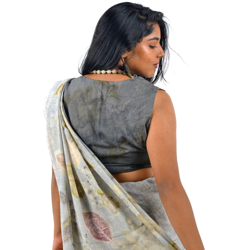 Mist Grey Botanical Hand-Dyed Saree