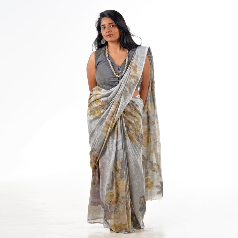 Mist Grey Botanical Hand-Dyed Saree