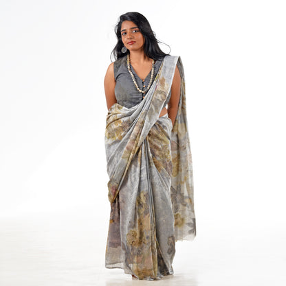 Mist Grey Botanical Hand-Dyed Saree