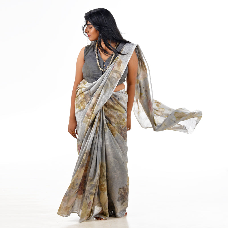 Mist Grey Botanical Hand-Dyed Saree
