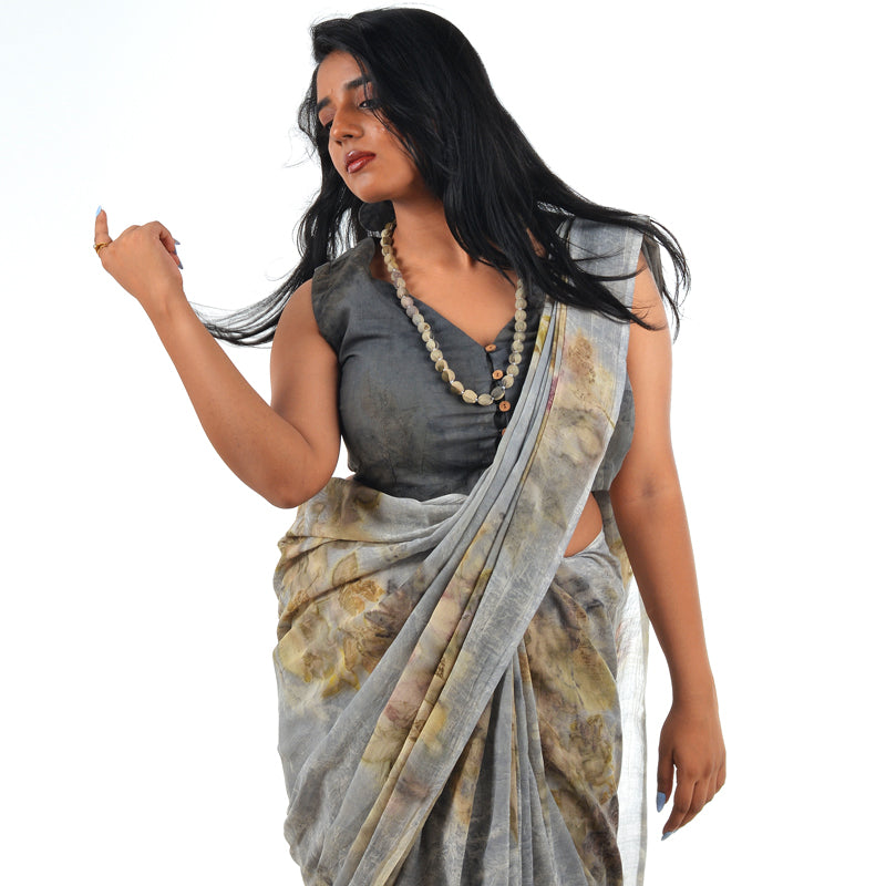 Mist Grey Botanical Hand-Dyed Saree