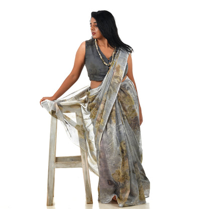 Mist Grey Botanical Hand-Dyed Saree