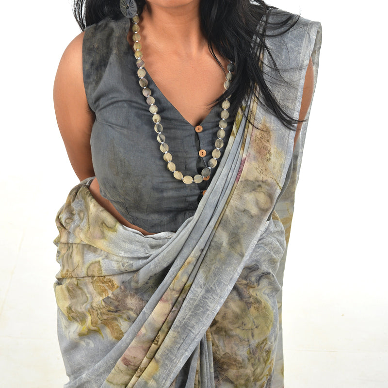 Mist Grey Botanical Hand-Dyed Saree