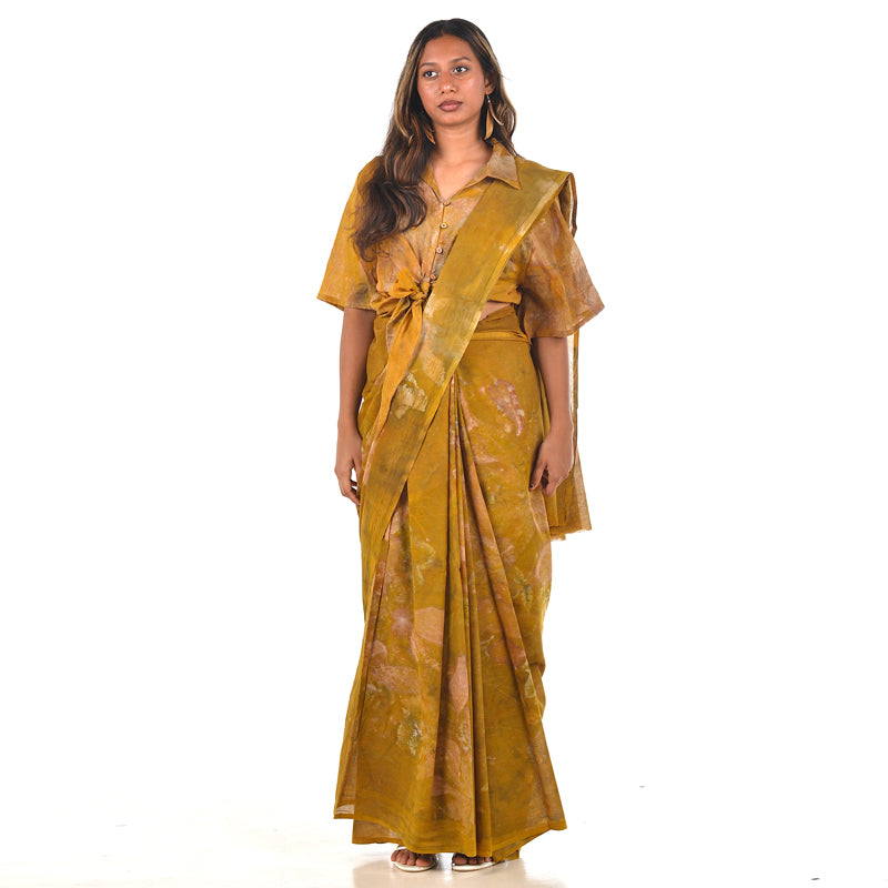 Mustard Ochre Botanical Hand-Dyed Saree