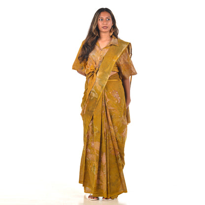 Mustard Ochre Botanical Hand-Dyed Saree