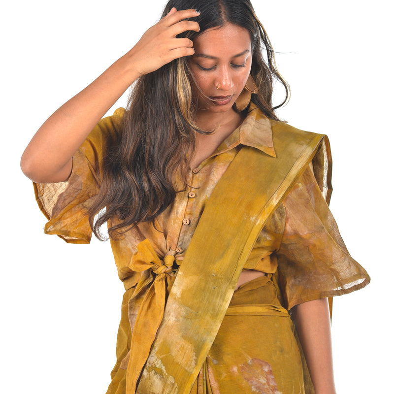 Mustard Ochre Botanical Hand-Dyed Saree