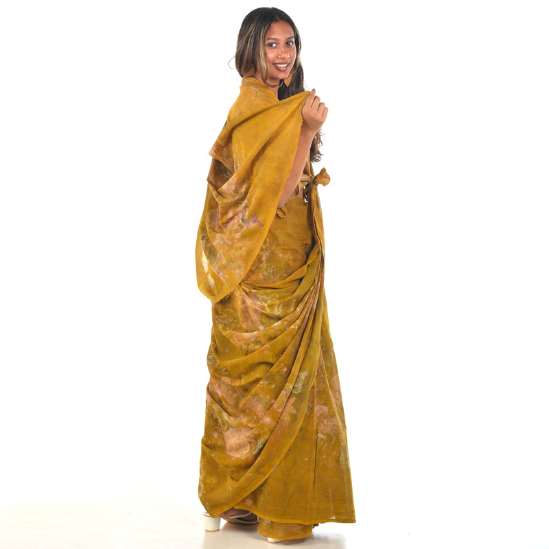 Mustard Ochre Botanical Hand-Dyed Saree