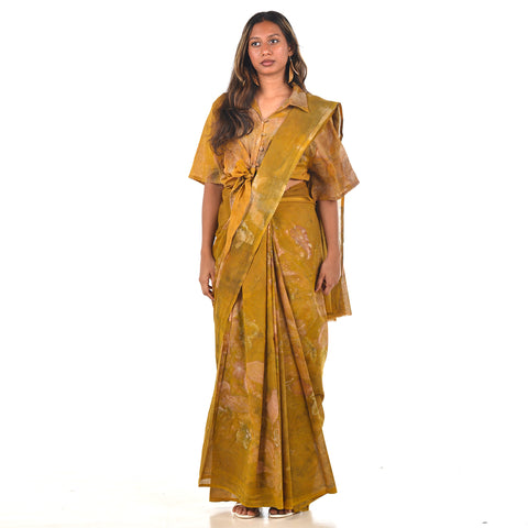 Mustard Ochre Botanical Hand-Dyed Saree