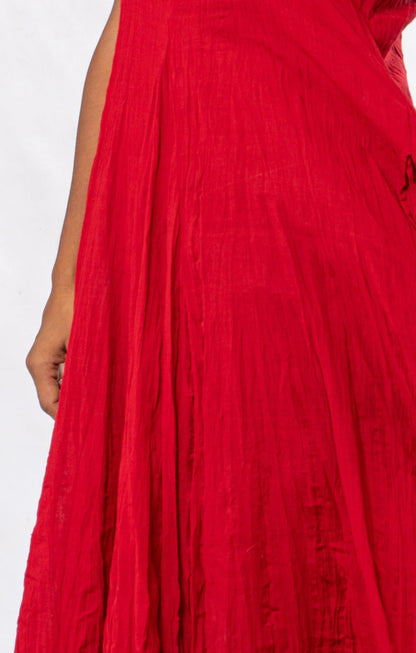 Red Crinkled Cotton Sleeveless Midi Dress