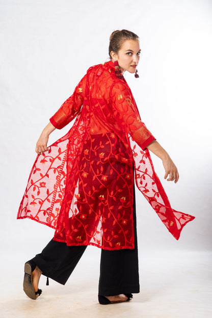 Red Cutwork Silk Bengal Jamdani Long Jacket
