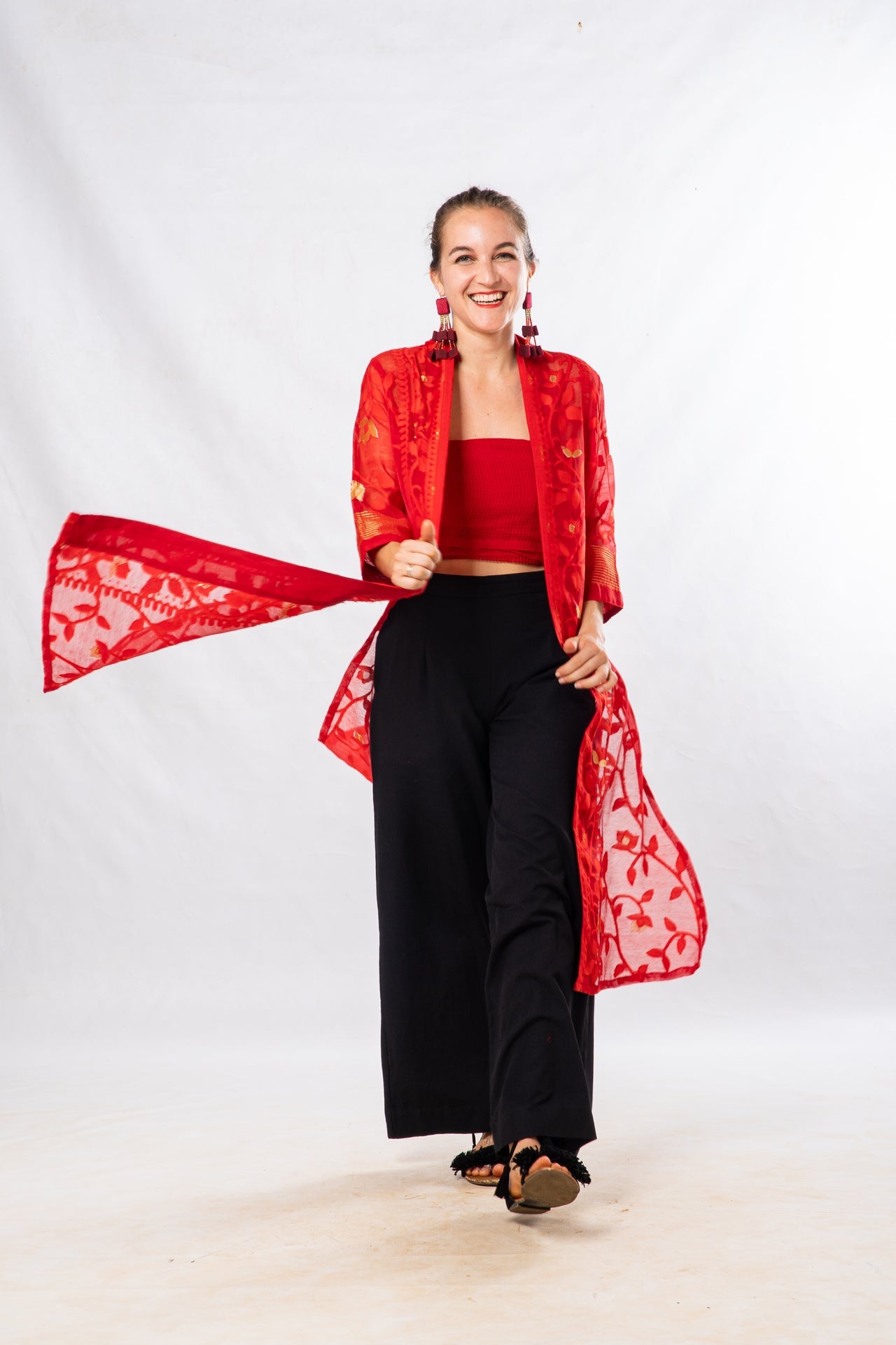 Red Cutwork Silk Bengal Jamdani Long Jacket