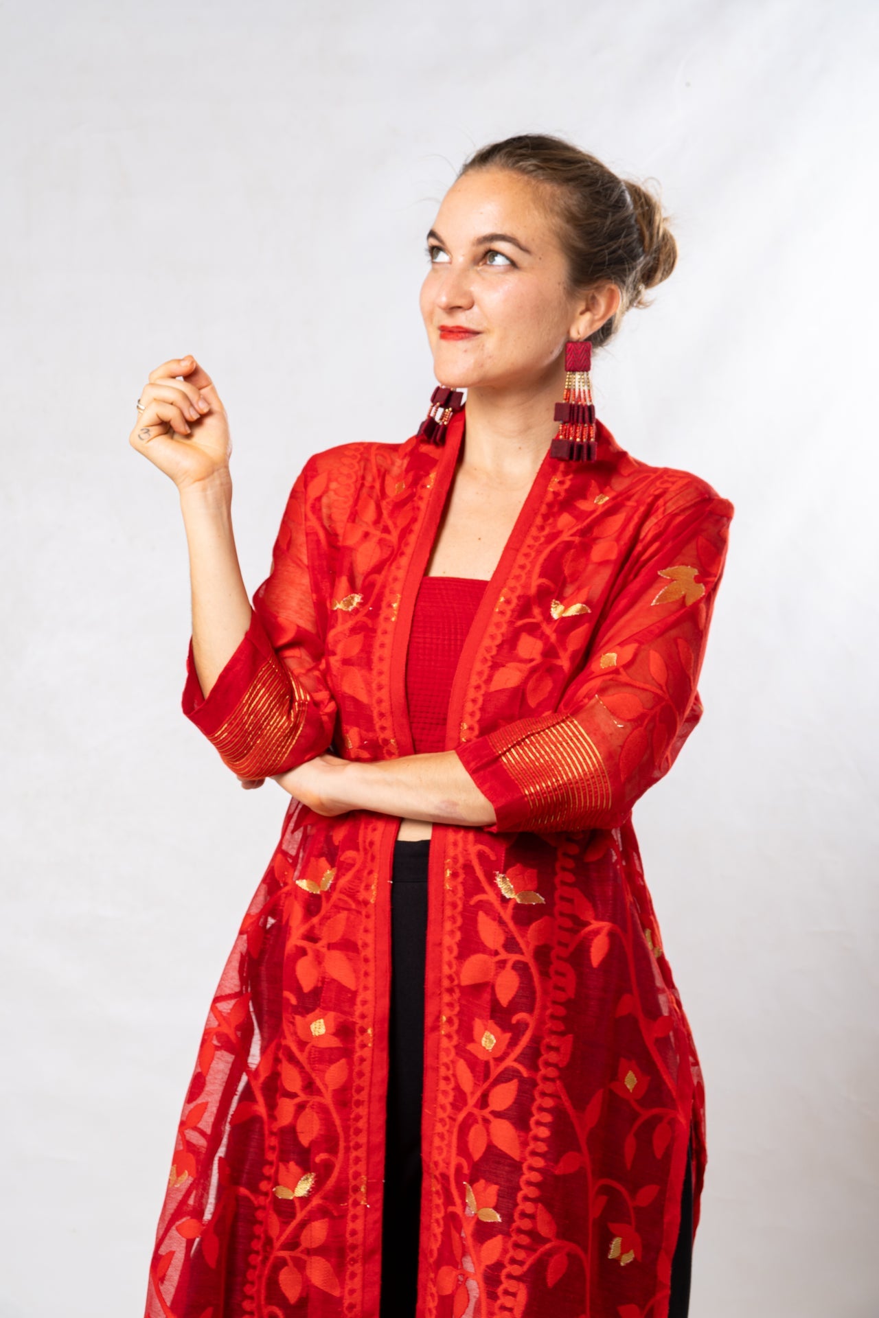 Red Cutwork Silk Bengal Jamdani Long Jacket