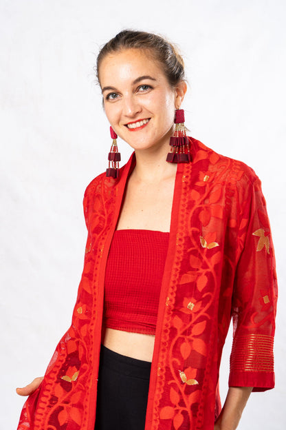 Red Cutwork Silk Bengal Jamdani Long Jacket