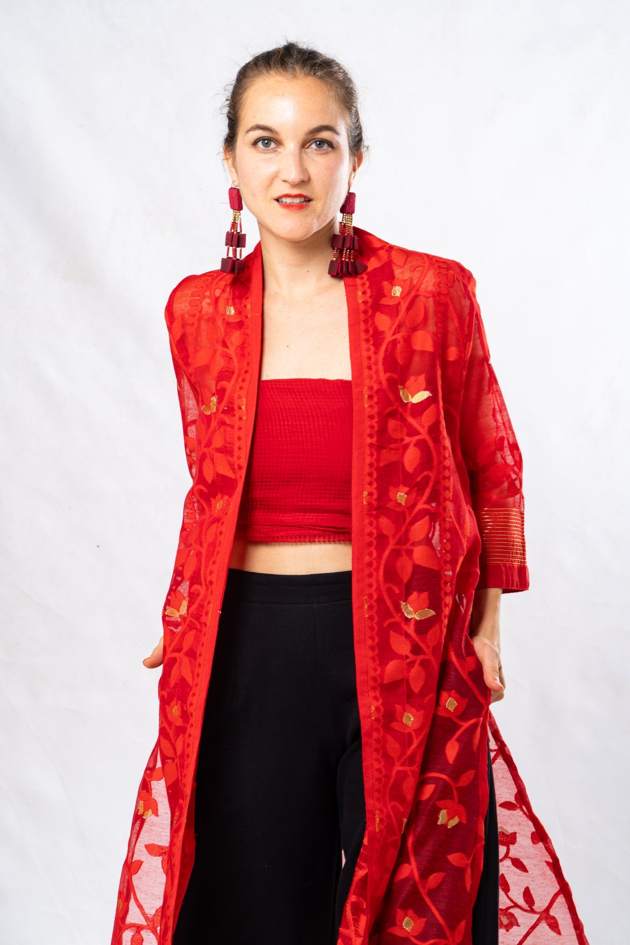 Red Cutwork Silk Bengal Jamdani Long Jacket