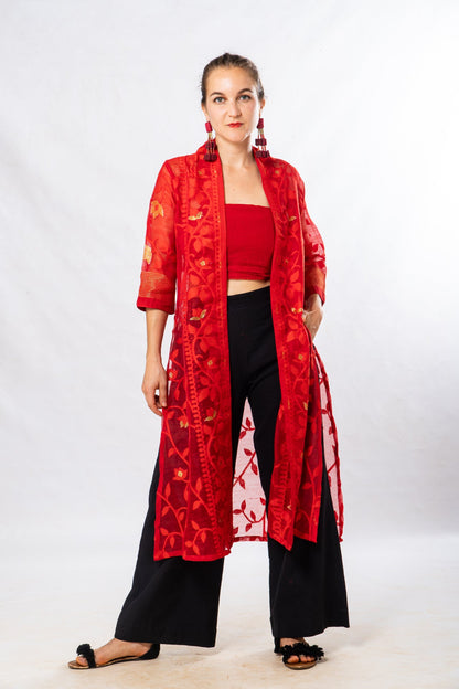 Red Cutwork Silk Bengal Jamdani Long Jacket
