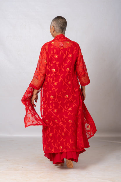 Set of 2- Devashree Red Jamdani Jacket & Dress