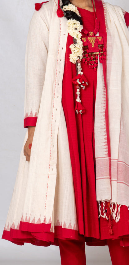 Set of 4-Red, Kora khadi Temple border Festive ensemble