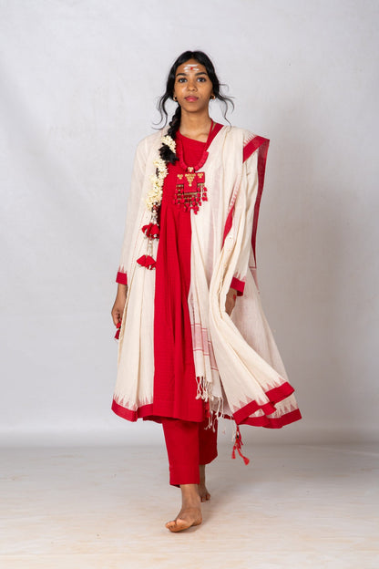 Set of 4-Red, Kora khadi Temple border Festive ensemble