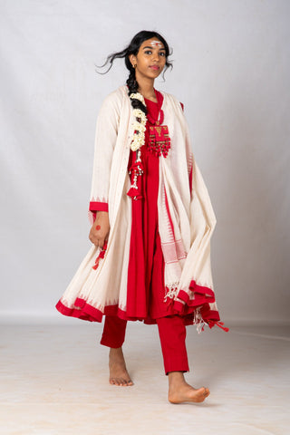 Set of 4-Red, Kora khadi Temple border Festive ensemble