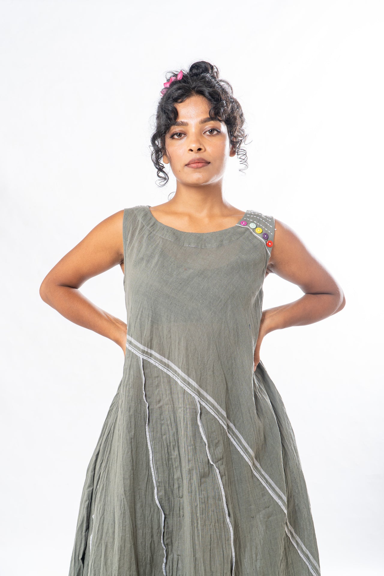 Sage Asymmetrical Hem Sleeveless Midi Dress