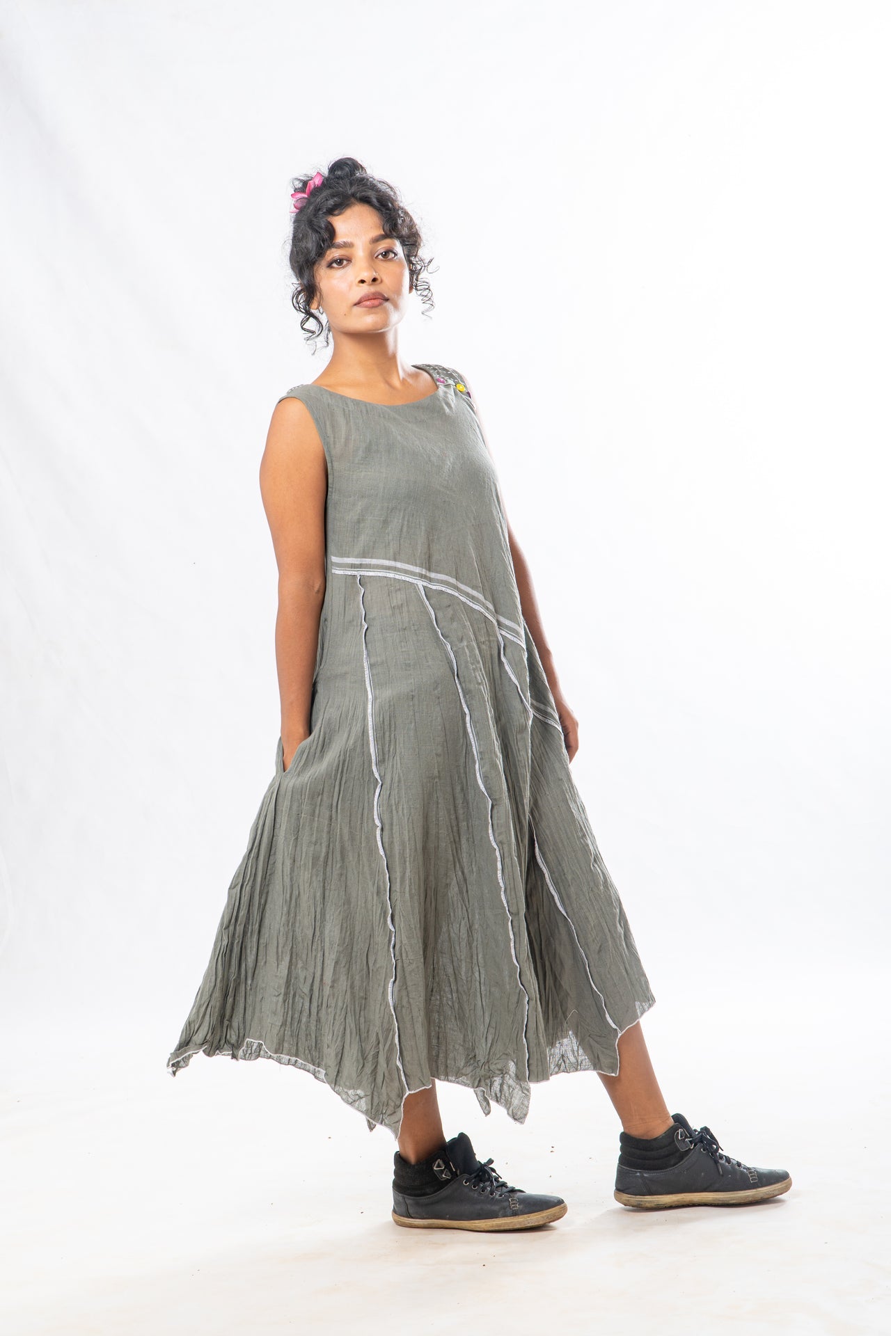 Sage Asymmetrical Hem Sleeveless Midi Dress