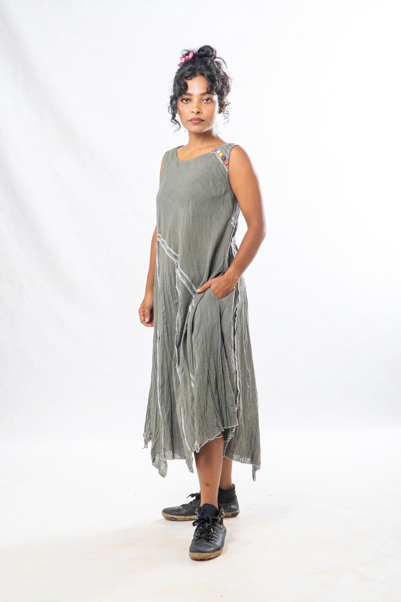 Sage Asymmetrical Hem Sleeveless Midi Dress