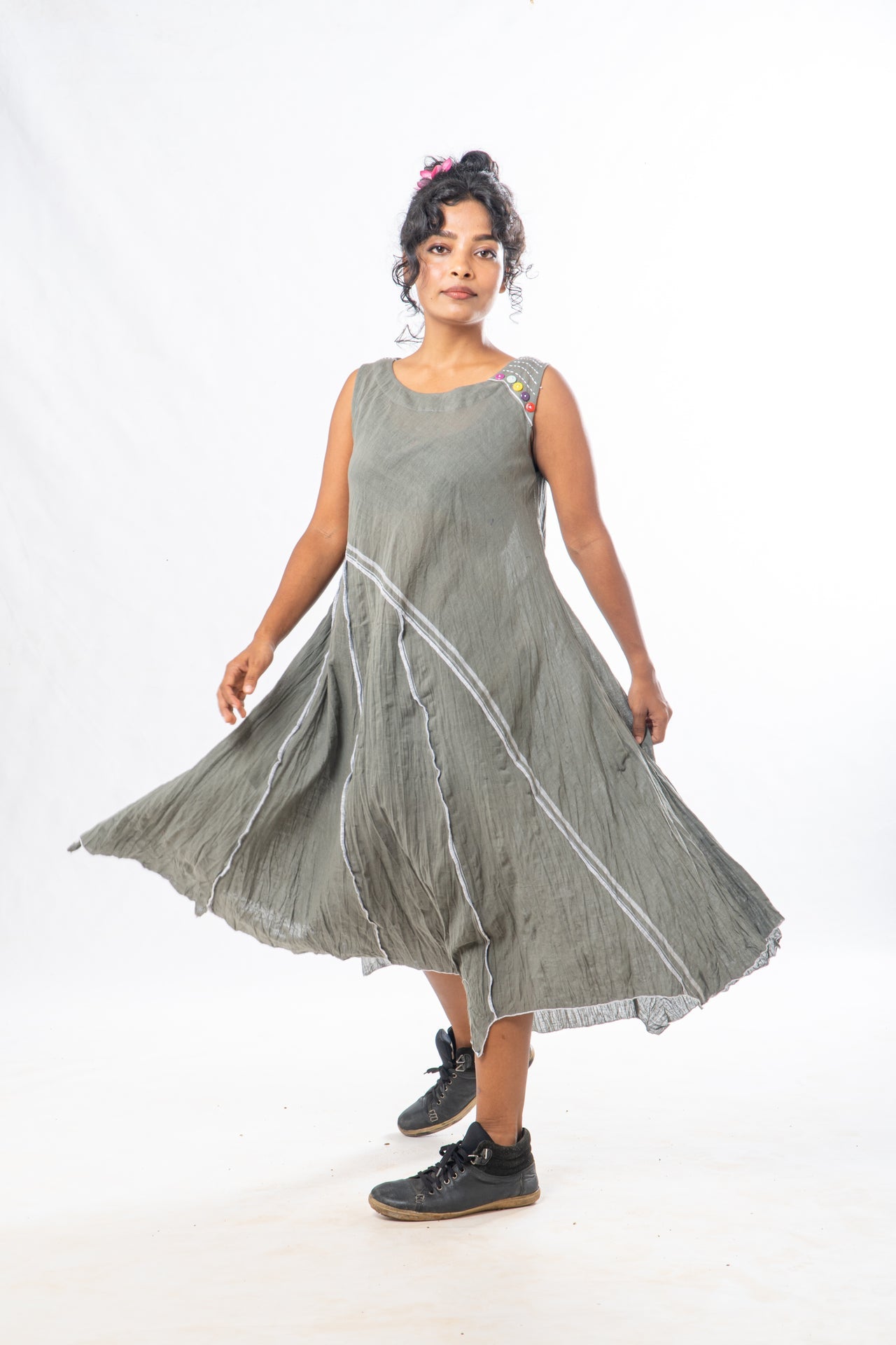 Sage Asymmetrical Hem Sleeveless Midi Dress