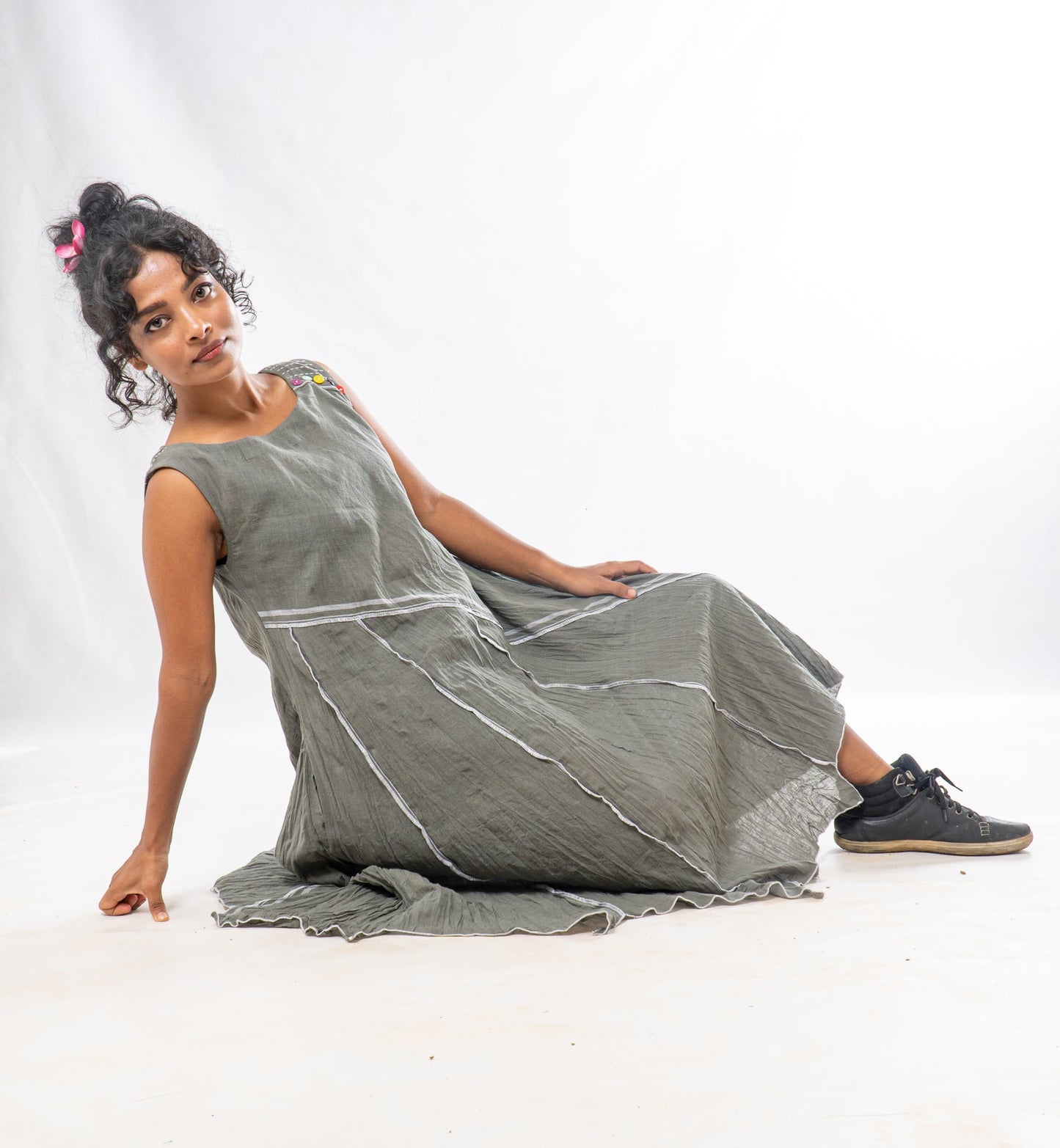 Sage Asymmetrical Hem Sleeveless Midi Dress