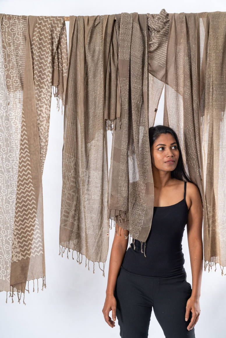 Natural Dyed Organic Cotton Handblock Printed Scarf (Grey)- ATIYA