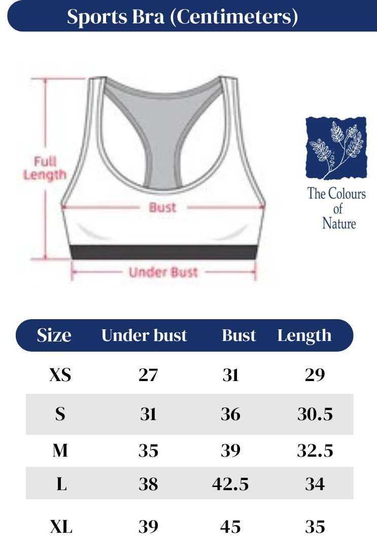 Measurement chart for a sports bra with size chart and color options.