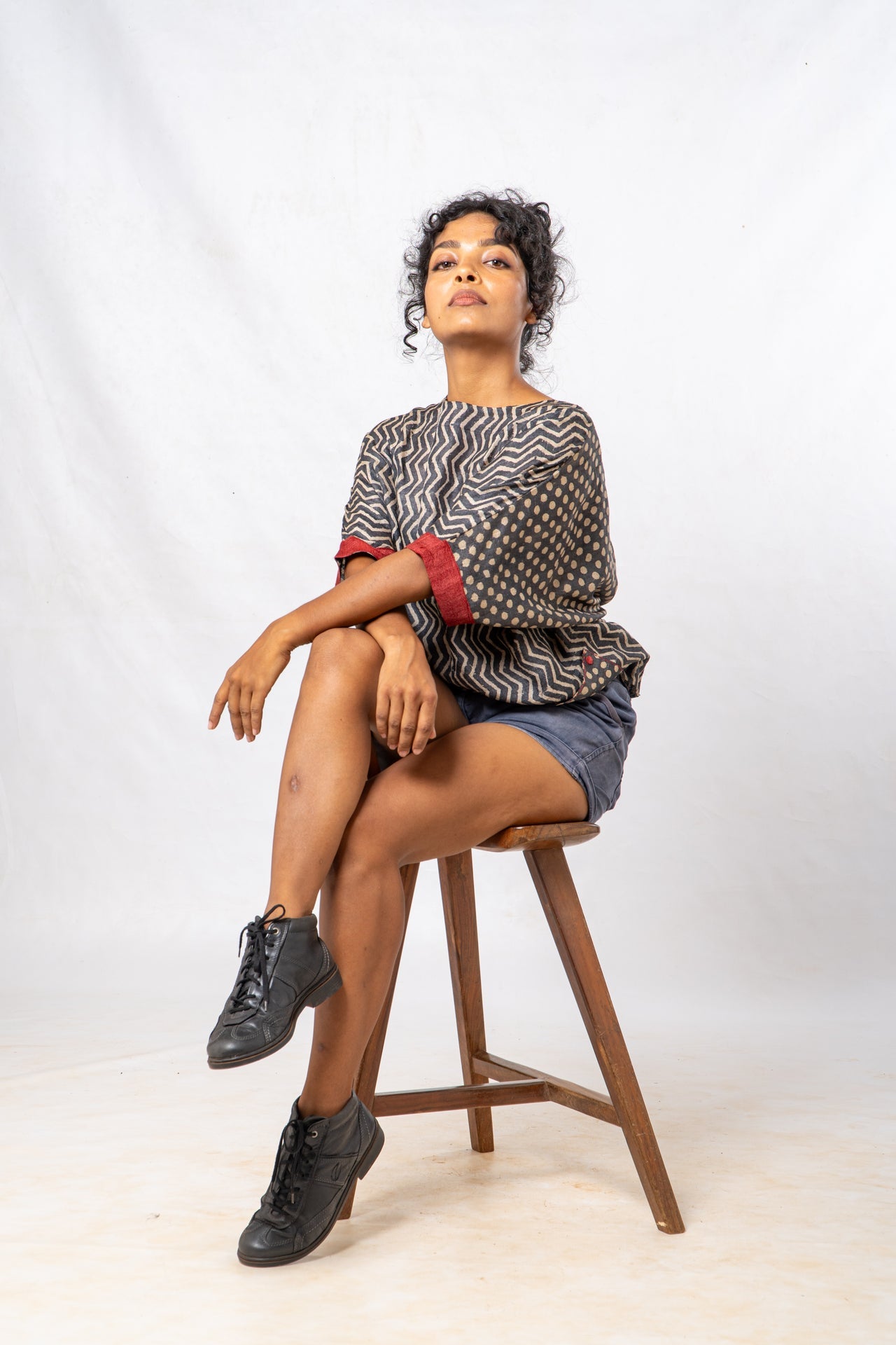 Tussar Silk Cheveron Patterned Boat Neck Top