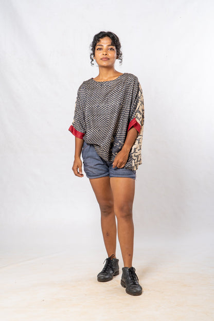 Tussar Silk Dot Patterned Boat Neck Top