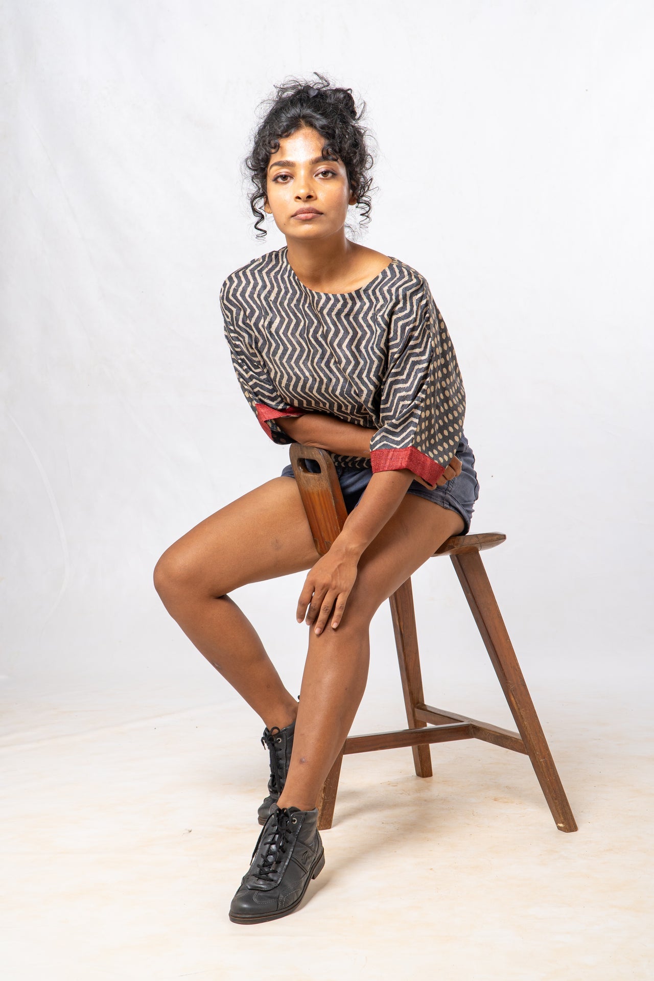 Tussar Silk Cheveron Patterned Boat Neck Top