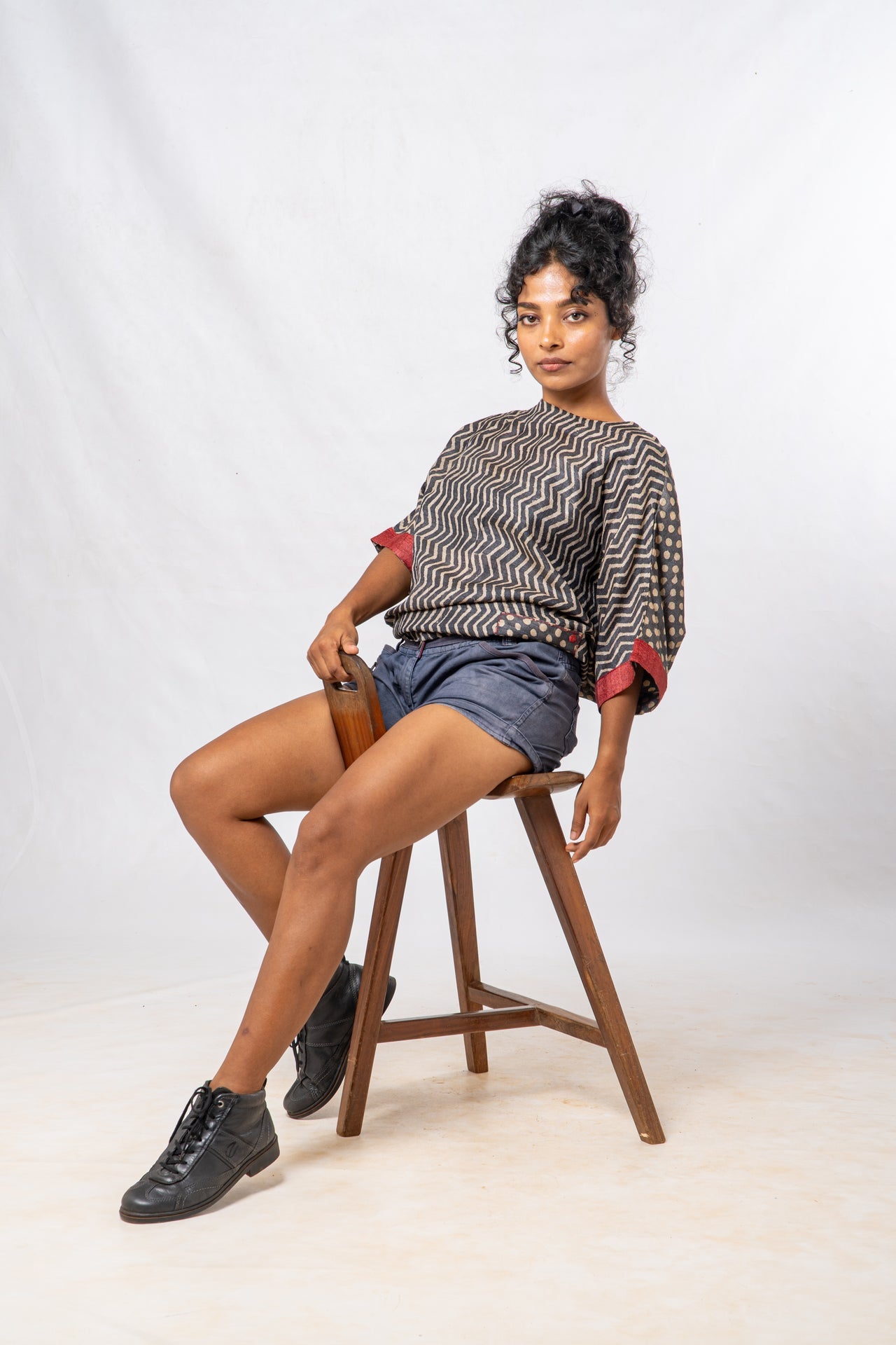 Tussar Silk Cheveron Patterned Boat Neck Top