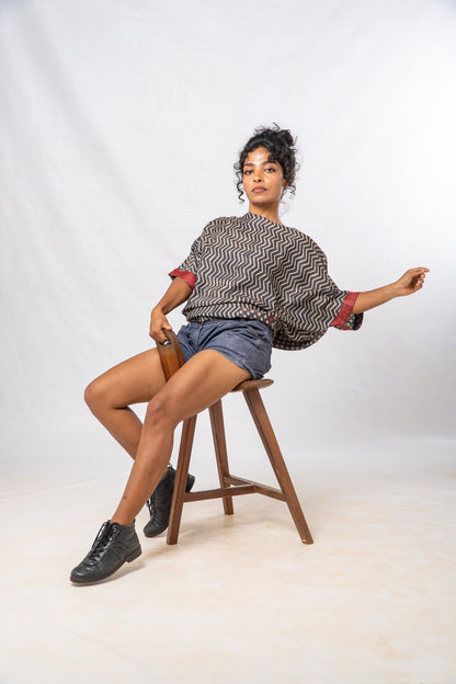 Tussar Silk Cheveron Patterned Boat Neck Top